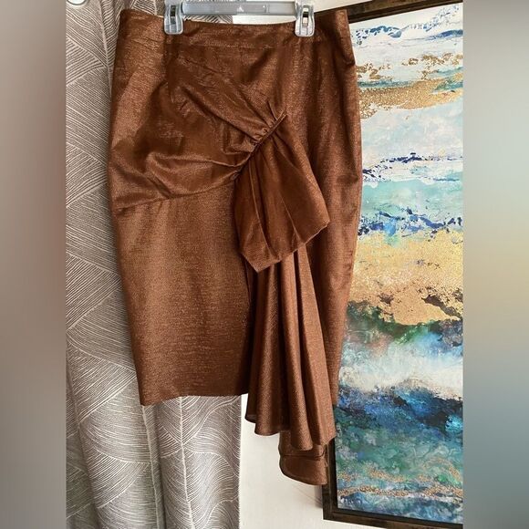 L.A.M.B. Skirt Women Sz  8  copper draped Bow Shimmer Gold Cotton Blend Straight - Picture 1 of 15
